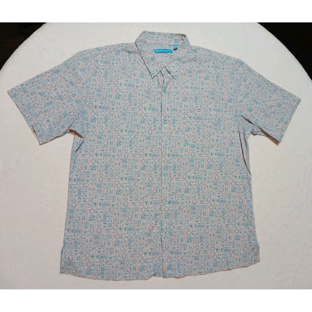 Tori Richard Hospitality Cotton Lawn Hawaiian Shirt Mens L Geometric Tapa Blue
